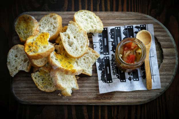 toasts and a homemade chili jam