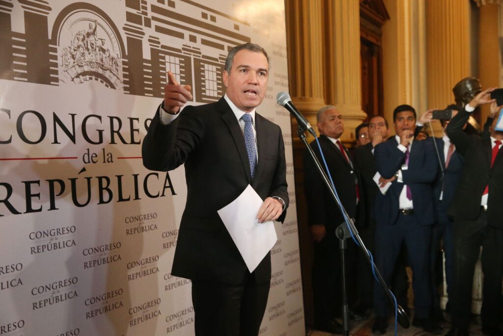 Salvador del Solar during a press conference after the president's announcement for a call of vote of confidence.