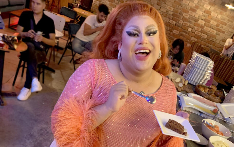 Drag Entertainer La Langosta serves breakfast
