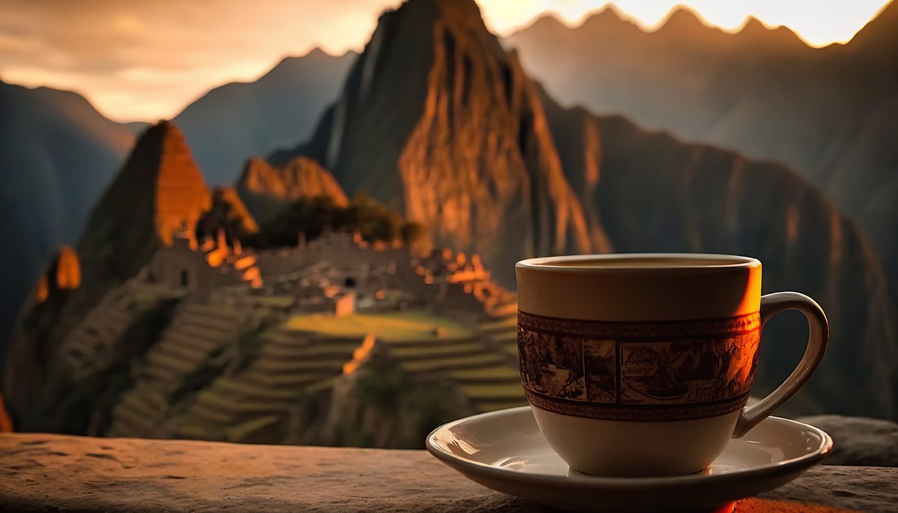 Cup of coffee on background of Machu Picchu, Peru. Copy space. B