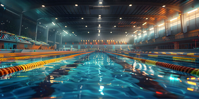 A computergenerated scene depicting a vibrant high school swimmi