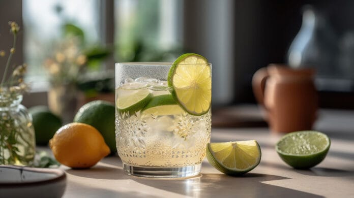 Closeup fresh pisco punch cocktail with lime cut and blurred background